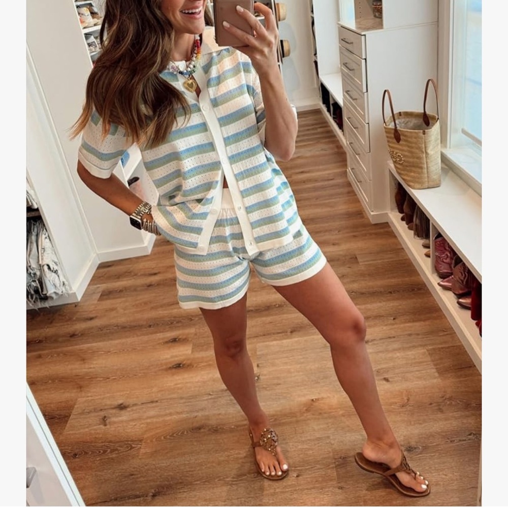 Chic Blue and White Striped Knit Set